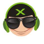 a cartoon character wearing sunglasses and headphones with a green x on his head