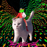 a person riding on the back of a white cat with the letters ong.fwn on the bottom