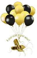 black and gold balloons with the words " a year older year wiser " on the bottom