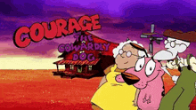 a cartoon of courage the cowardly dog standing in front of a house in the desert