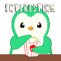 a cartoon penguin is eating popcorn with the words interesting above him