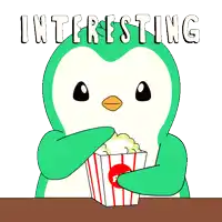 a cartoon penguin is eating popcorn with the words interesting above him
