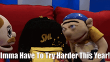 three stuffed animals are sitting on a red couch with the words imma have to try harder this year