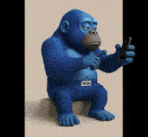 a blue gorilla is sitting on a stool looking at a cell phone