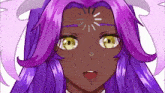 a girl with purple hair and yellow eyes has a loading screen on her face