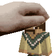 a pixel art of a hand holding a small cartoon character 's head .
