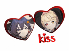 a couple of heart shaped frames with the word kiss on the bottom