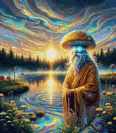 a painting of a man with a mushroom on his head standing in front of a lake