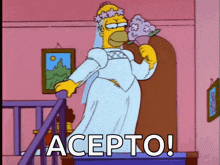 homer simpson is wearing a wedding dress and holding a bouquet of flowers while standing on a staircase .