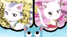 two cartoon cats are standing next to each other on a pink and yellow background