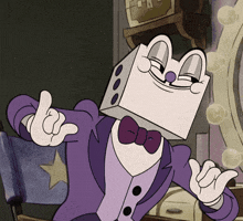 a cartoon character wearing a purple tuxedo and bow tie giving a thumbs up