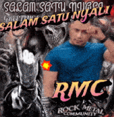 a poster for rmc rock metal community shows a man making a horns sign