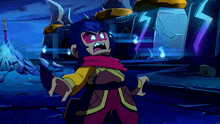 a cartoon character is standing in front of a building with a sword