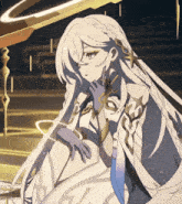 a drawing of a woman with long white hair and a ring around her neck