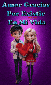 a boy and a girl are holding a heart and the words amor gracias por existir en mi vida are above them