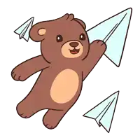 a teddy bear is flying through the air with a paper airplane
