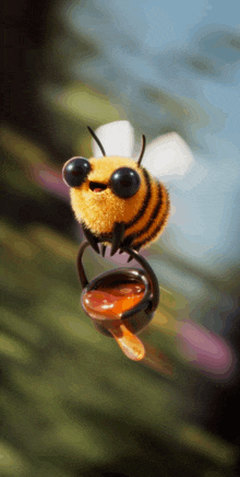a cartoon bee is holding a bucket of honey in its mouth
