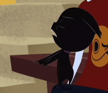 a black cartoon character is standing next to a red cartoon character with a smile on his face .