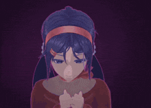 a girl with blue hair and a red headband is smiling