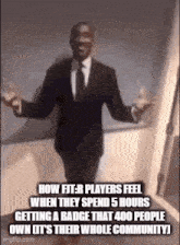 a man in a suit and tie is standing in front of a wall with his arms outstretched in a meme .