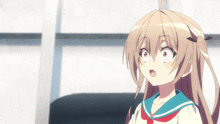 a girl with a surprised look on her face is wearing a blue and white school uniform