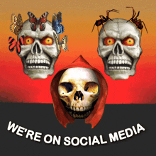 a poster that says we 're on social media with two skulls and butterflies