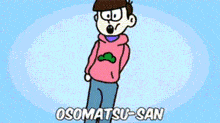 a cartoon of a boy wearing a pink hoodie with a green embroidered patch on it .