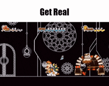 a screenshot of a video game with the words get real at the top