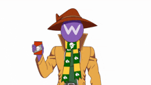 a cartoon of a man with a w on his face holding a can