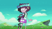 a cartoon character with a flower crown on her head is standing next to another character