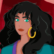 a cartoon drawing of a woman with long black hair and green eyes