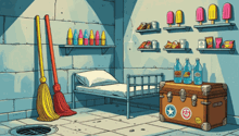a cartoon illustration of a room with a trunk and a bed