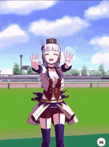 a girl in a horse costume is standing on a grassy field .