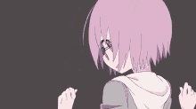 a cartoon girl with purple hair and glasses is pointing at something with her fingers .