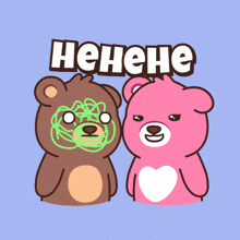a brown teddy bear and a pink teddy bear are standing next to each other with the word henehe written above them