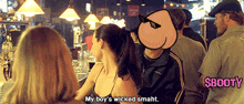 a group of people sitting at a bar with one saying my boy 's wicked smaht