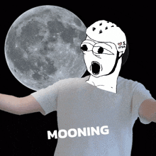 a man wearing a white shirt with the word mooning on it