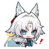 a cartoon of a fox with white hair and blue eyes holding a cup of tea .