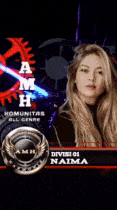 a woman stands in front of a sign that says ' a m h ' on it