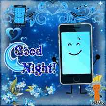 a picture of a cell phone with a face on it and the words good night