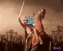 a man on a horse holding a sword in front of a crowd with 3look written on the bottom right