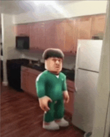 a cartoon character is standing in a kitchen next to a refrigerator and cabinets .