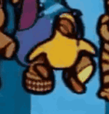 a close up of a cartoon character 's hand holding a yellow object .