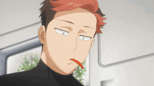 a man with red hair is making a funny face with his mouth open