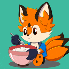 a cartoon fox eating cereal with a spoon