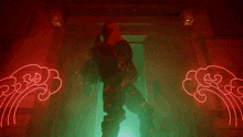 a woman with pigtails stands in front of a neon sign that says ' s '
