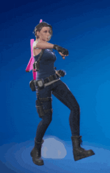 a woman with a pink bunny on her head is holding a gun