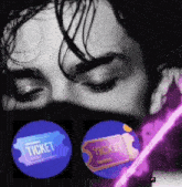 a close up of a man 's face with a ticket in the background