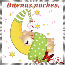 a picture of a teddy bear sleeping on a crescent moon with the words buenas noches in red
