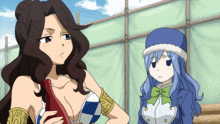 two anime characters standing next to each other with one wearing a blue hat and the other wearing a white top